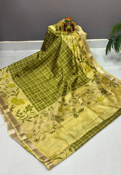 Soft Tussar Saree-Light Green In Floral Vine Border