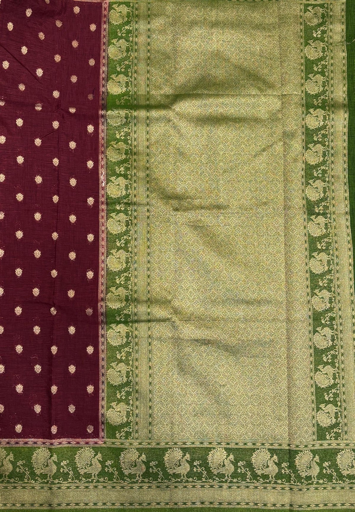 Tussar Linen Saree-Maroon in Traditional Peacock Floral Zari with Contrast Border