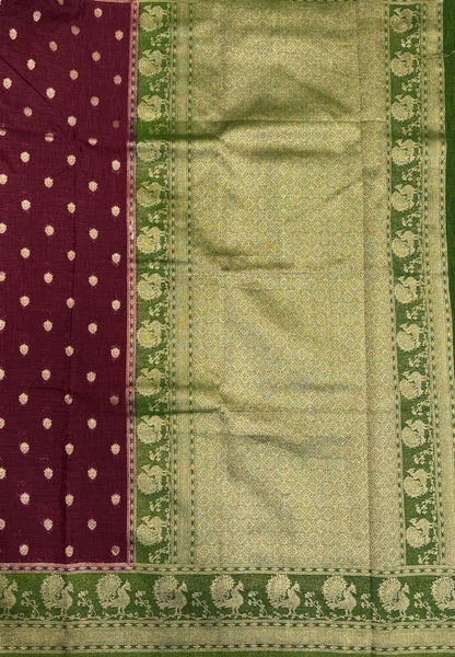 Tussar Linen Saree-Maroon in Traditional Peacock Floral Zari with Contrast Border