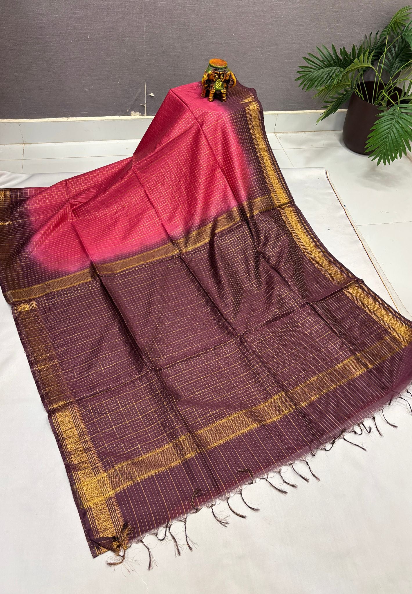 Semi Bhagalpur Tussar Saree-Rani pink in Zari checks with Contrast Border