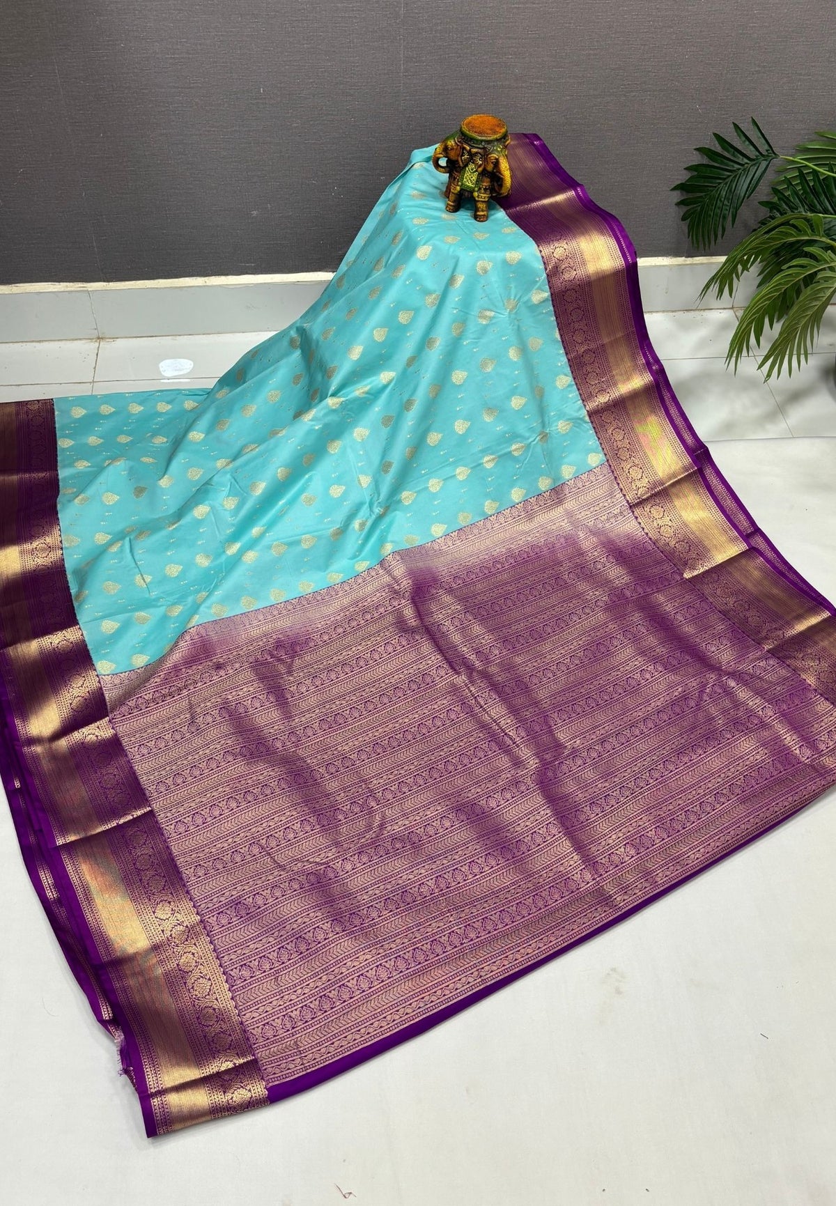 Budget Kanchipuram Saree-Reks Blue with Contrast Border