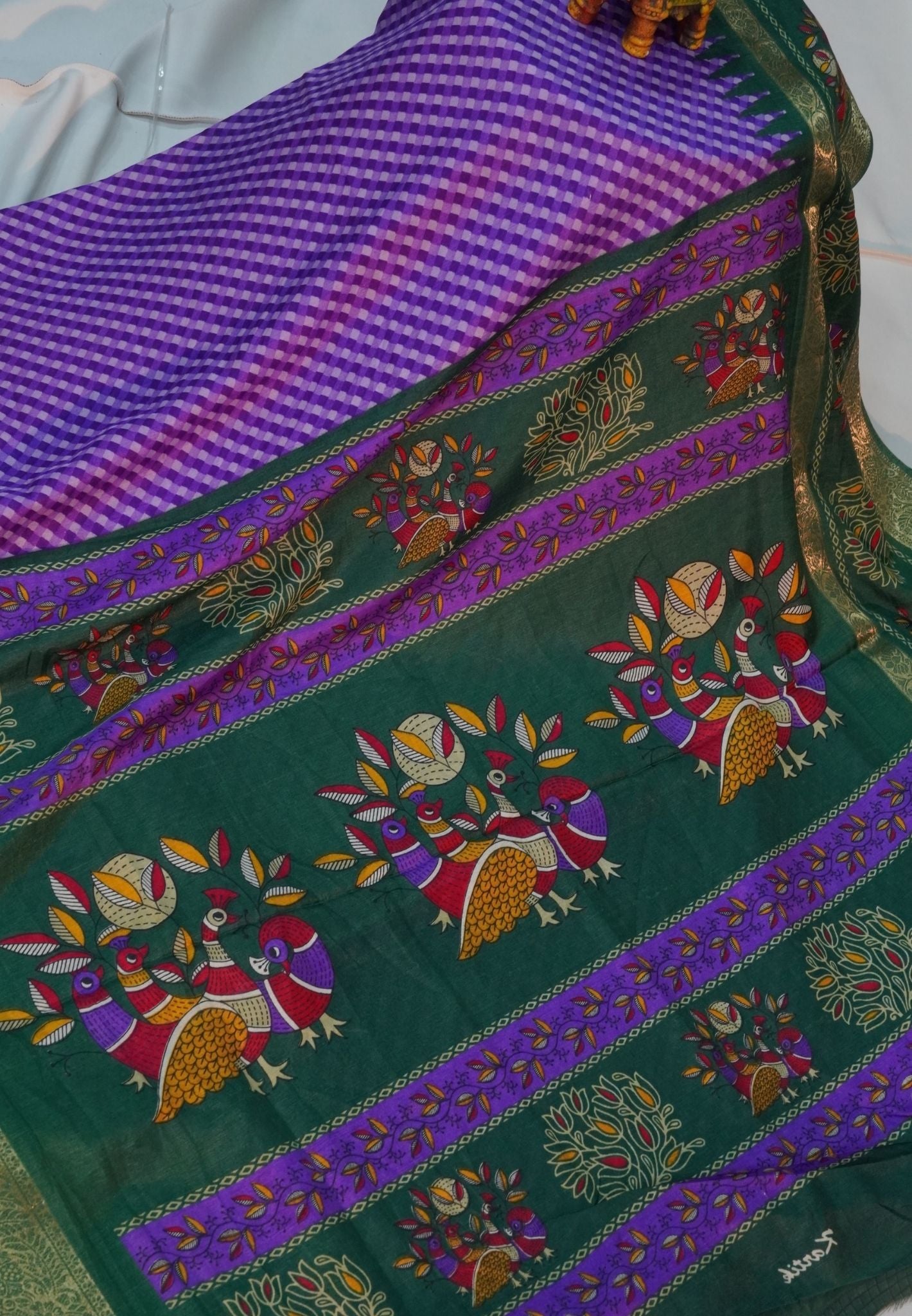 Semi Dola Saree-Violet in Checked Pattern