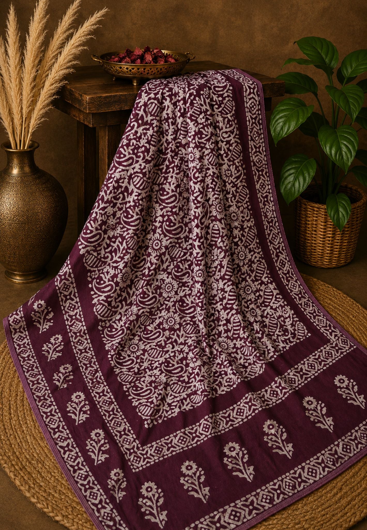 Cotton Saree-Dark Purple with Batik Print