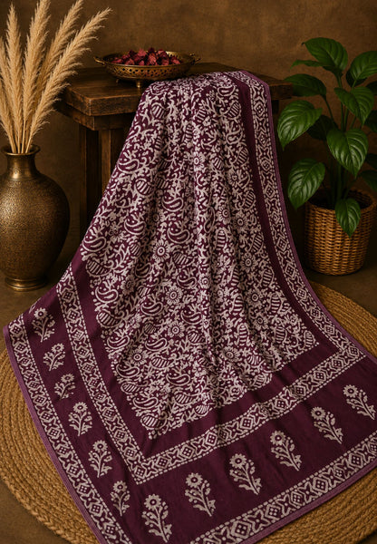 Cotton Saree-Dark Purple with Batik Print