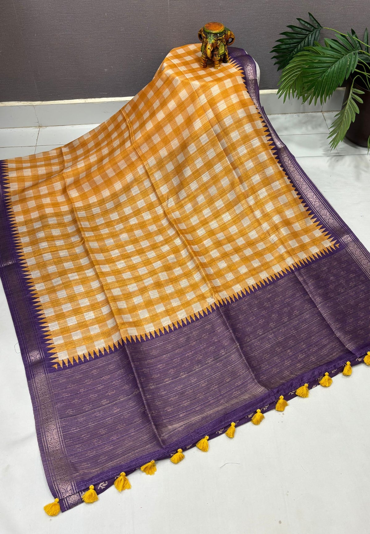 Matka Tussar saree-Mustard in Checked Pattern with Temple Zari Border