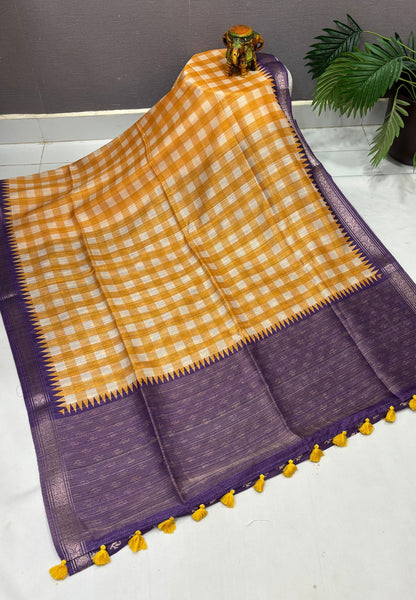 Matka Tussar saree-Mustard in Checked Pattern with Temple Zari Border