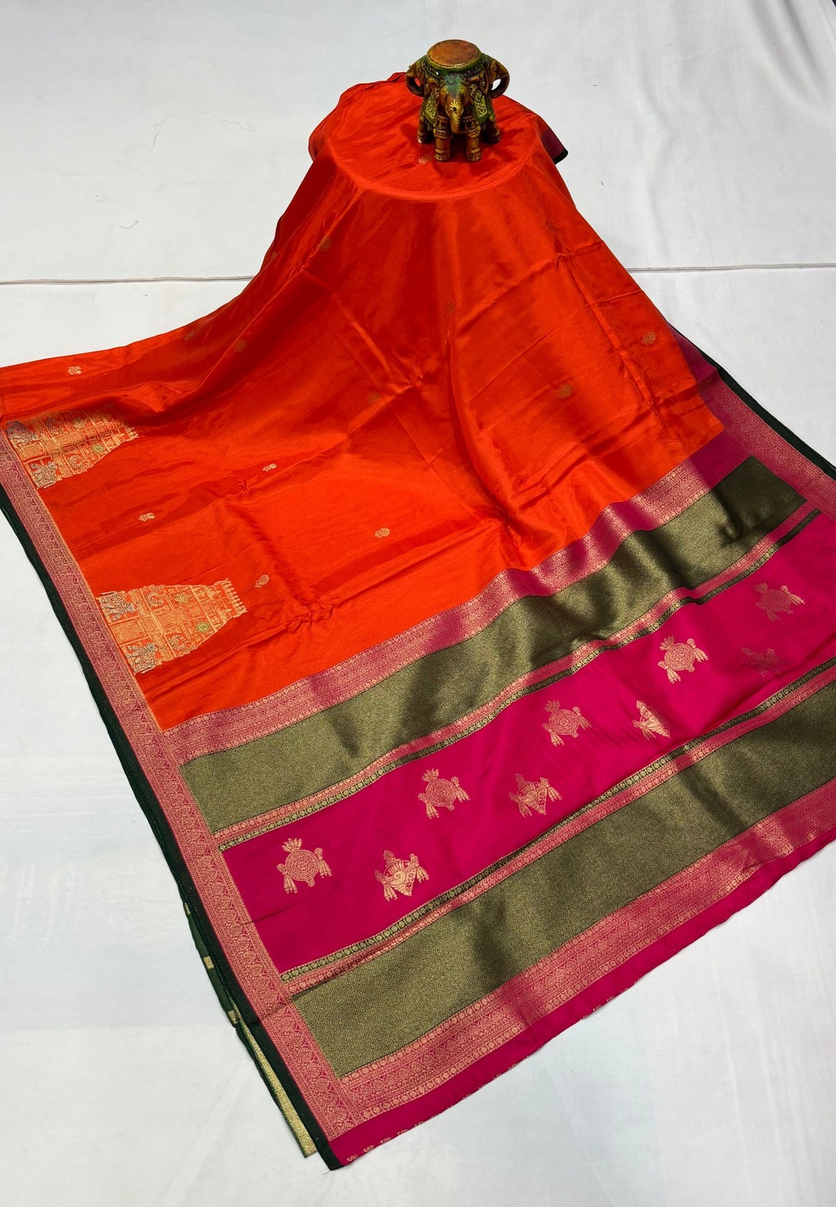 Art Mysore Silk Saree-Orange with Rajagopuram Zari Border