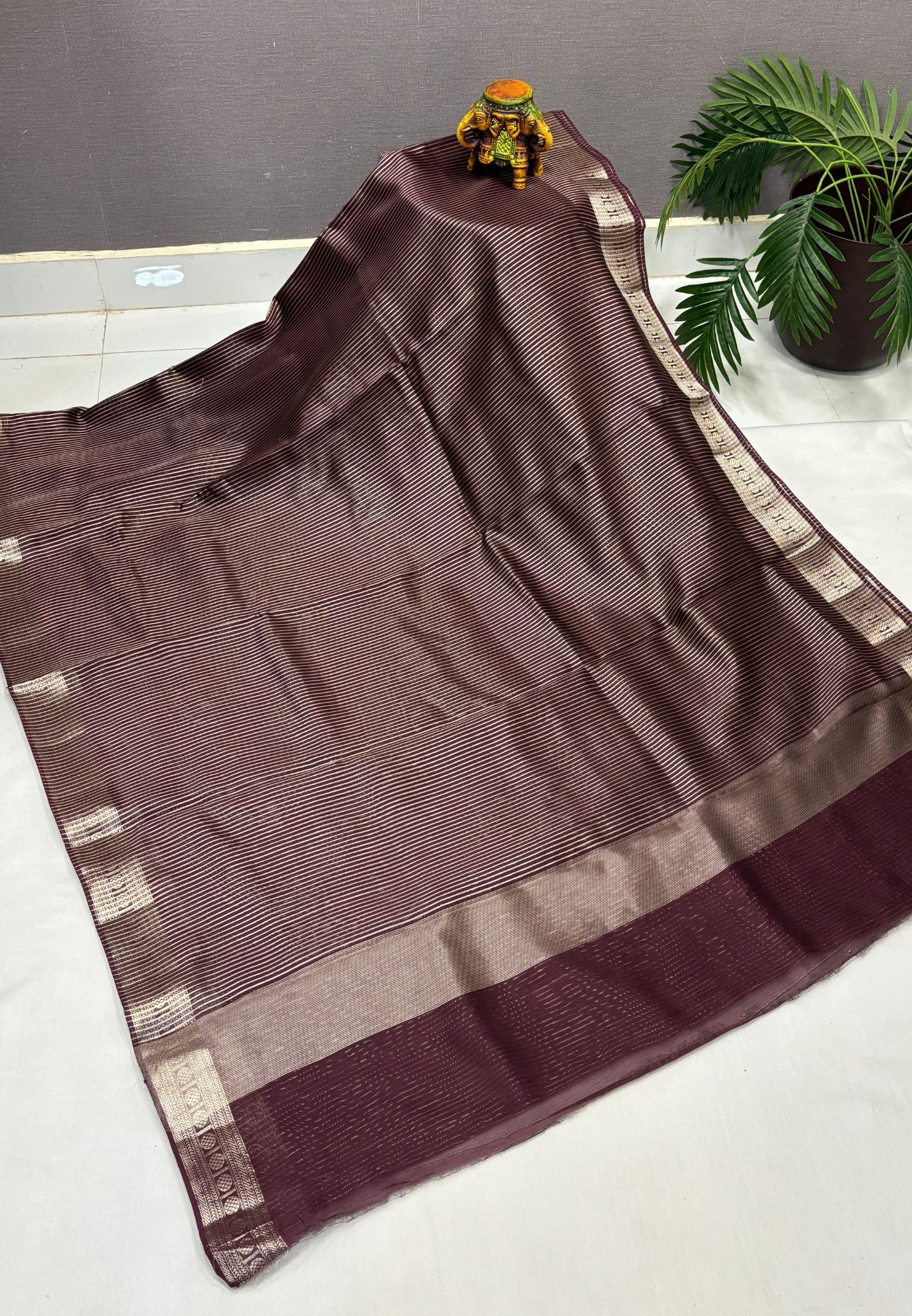 Chanderi Saree-Wine in Fine Stripe Zari Border