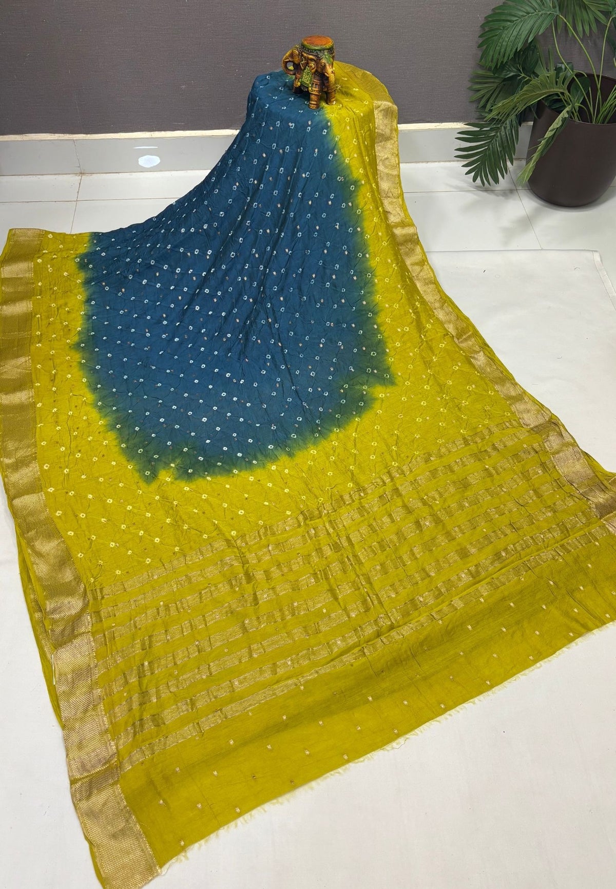 Banarasi Bandeji Saree-Peacock Blue in Horizontal Stripe Zari with Contrast Border