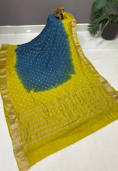 Banarasi Bandeji Saree-Peacock Blue in Horizontal Stripe Zari with Contrast Border