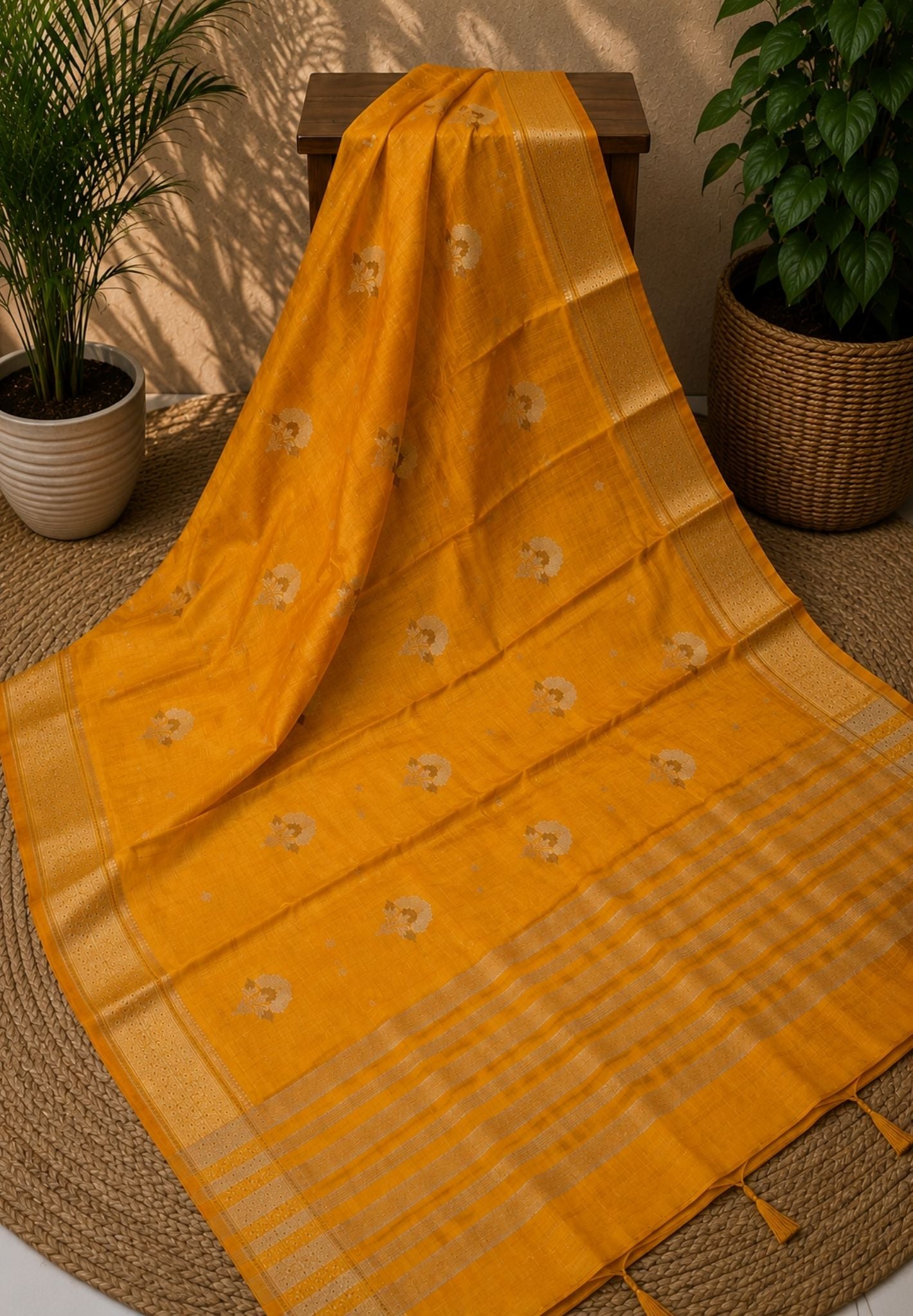 Semi Tussar Saree-Mango Yellow with Floral Zari Motif