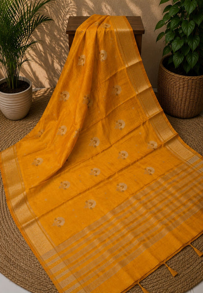 Semi Tussar Saree-Mango Yellow with Floral Zari Motif