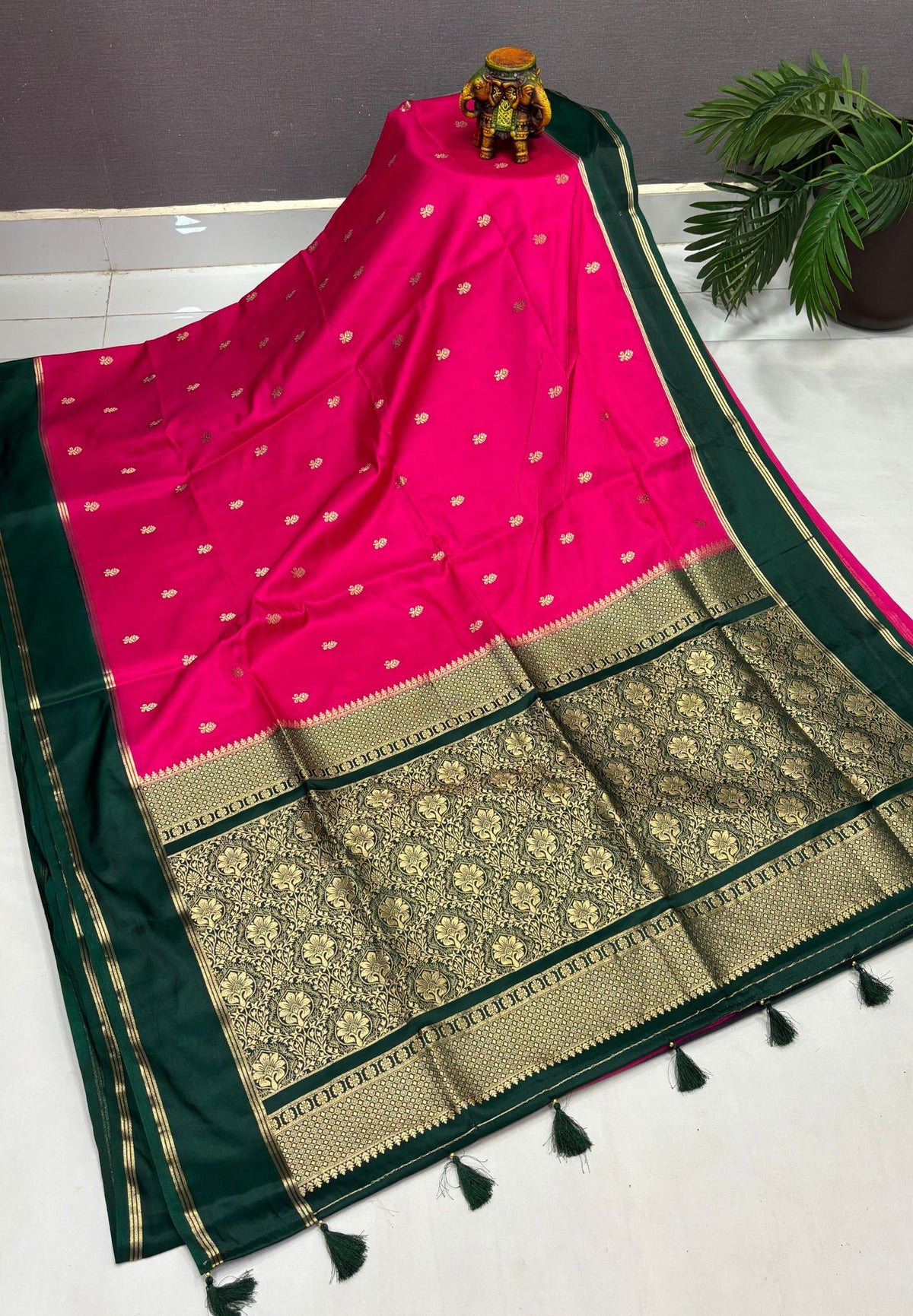 Gaji Silk Saree-Rani Pink in Floral Brocade Zari with Contrast Border