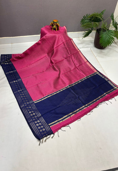 Raw Silk Saree-Pink in 1000 Butta with Contrast Zari Border