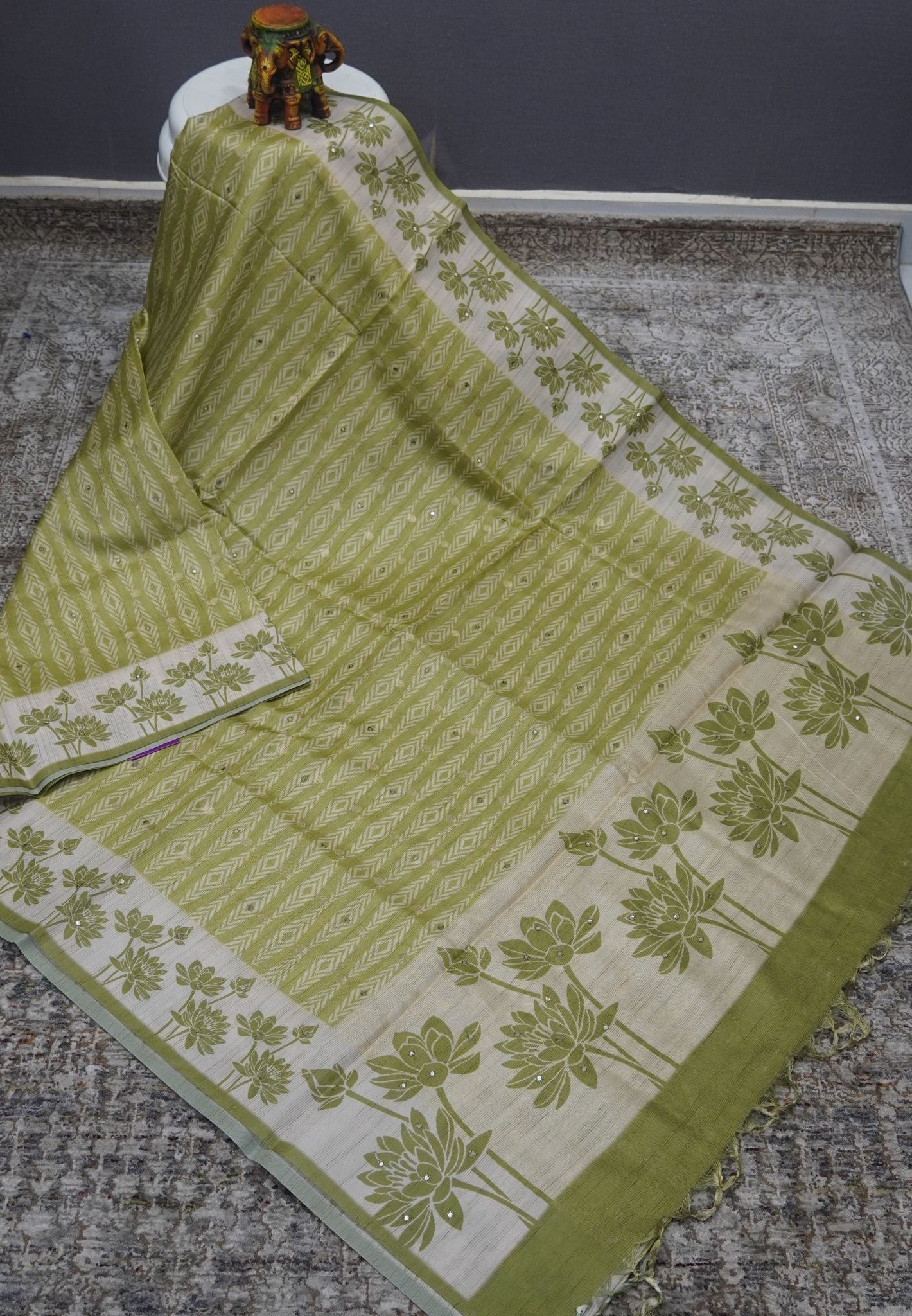 Tissue Kota Saree-Green with Mirror Work