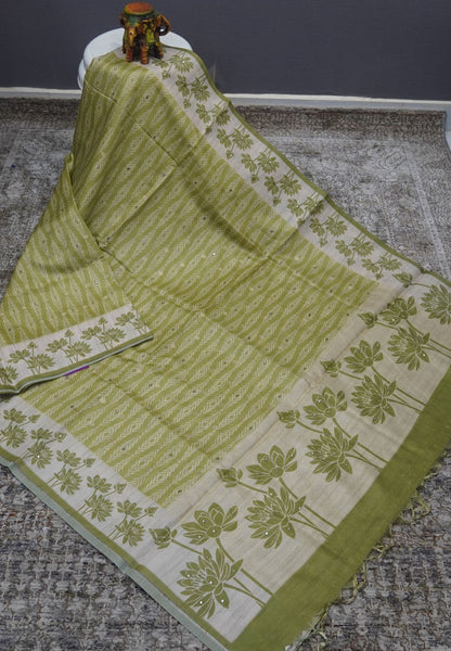 Tissue Kota Saree-Green with Mirror Work