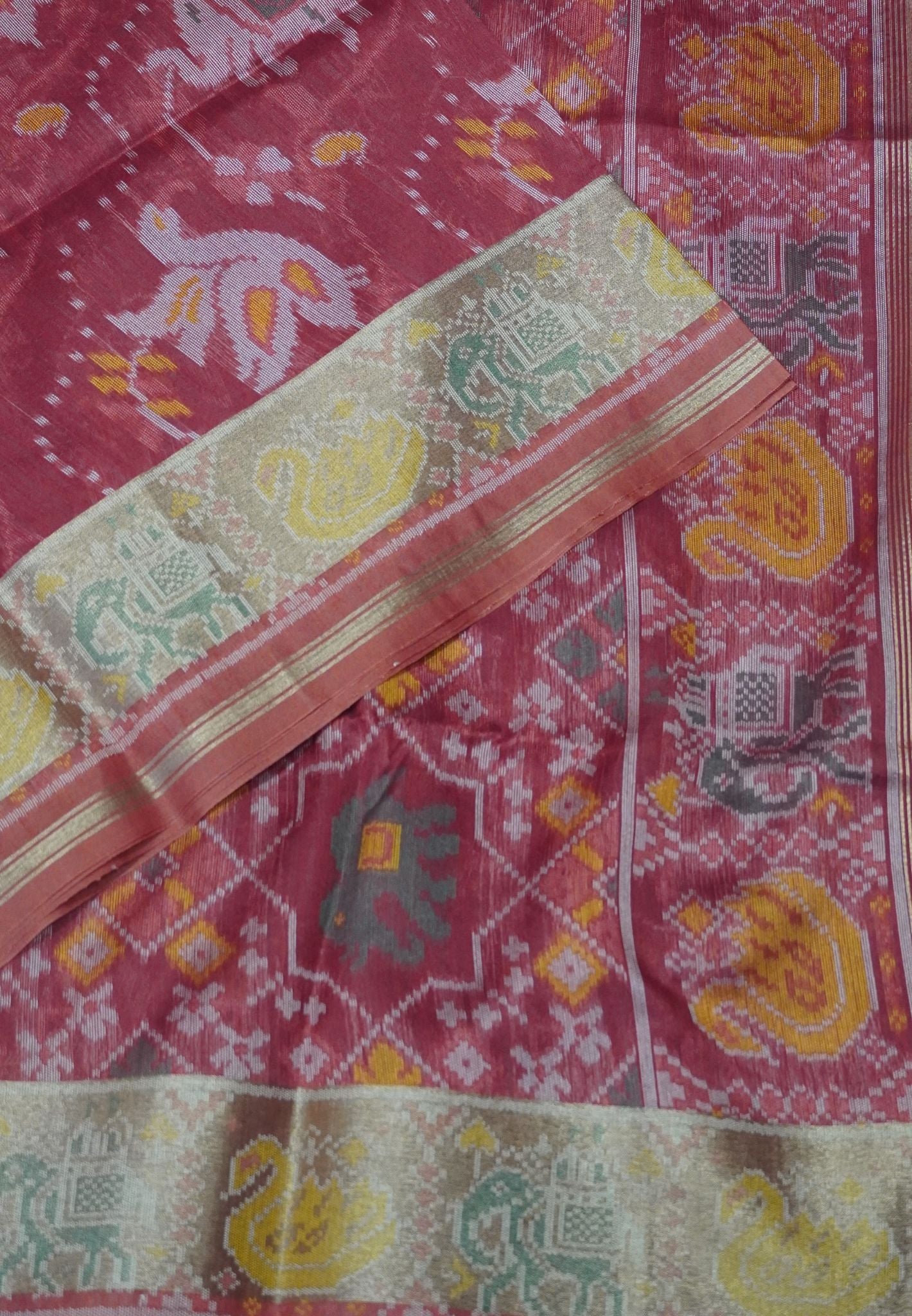Raw Silk Saree - Red with Patola Print