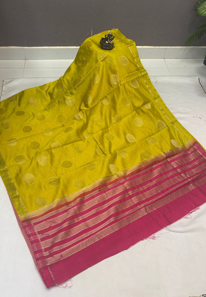 Soft Tussar saree-Lime Yellow With Round Motif