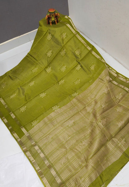 Semi Tussar Saree-Olive Green in RainDrop Zari with Retapet Border