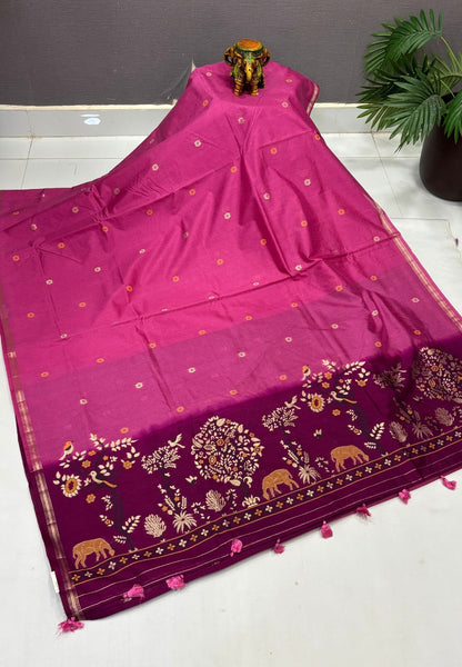 Gaji Silk Saree-Magenta Pink In Warli Tree & Elephant With Contrast Border