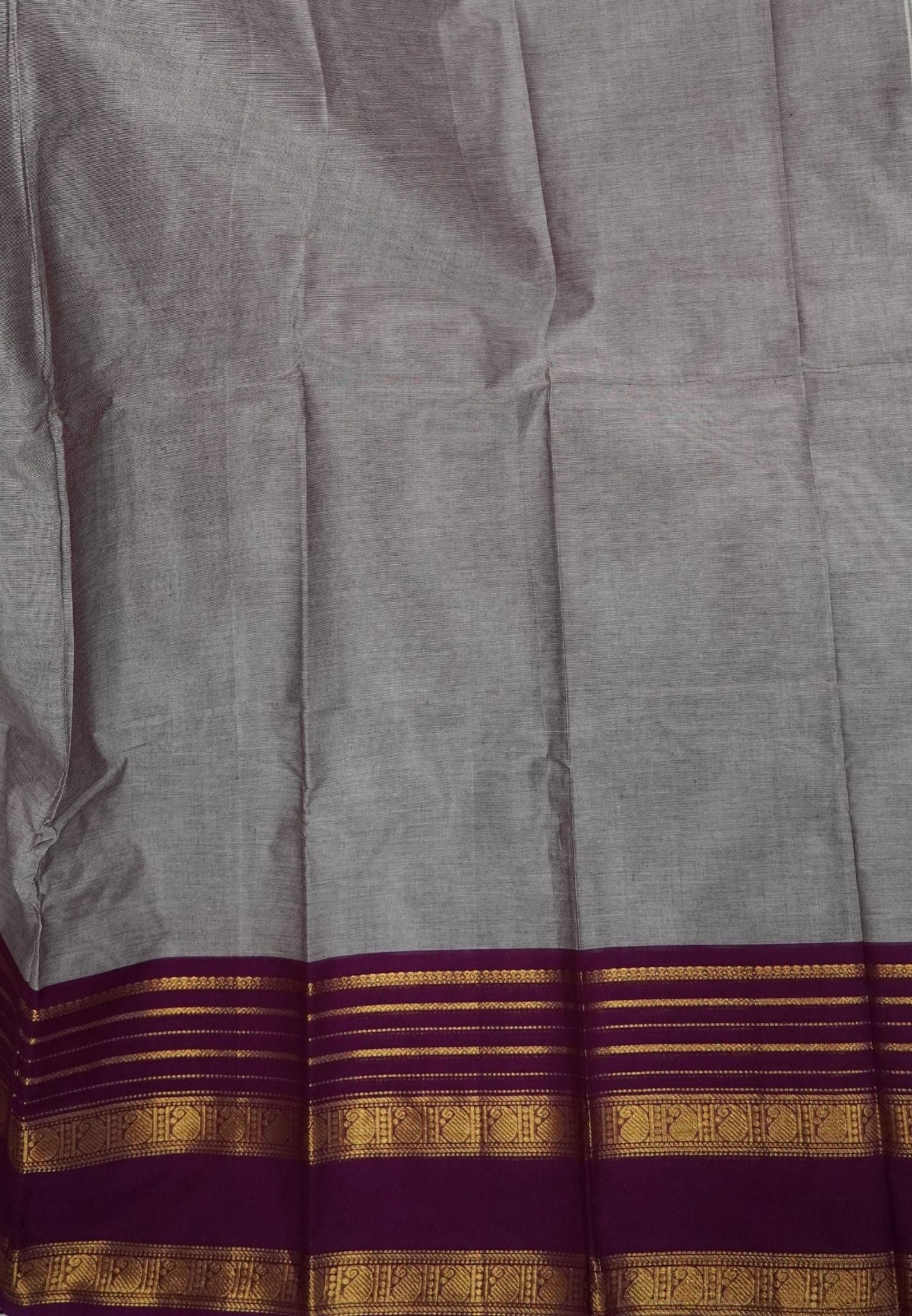 Kanchi Cotton Saree-Grey-Wine With Zari Border