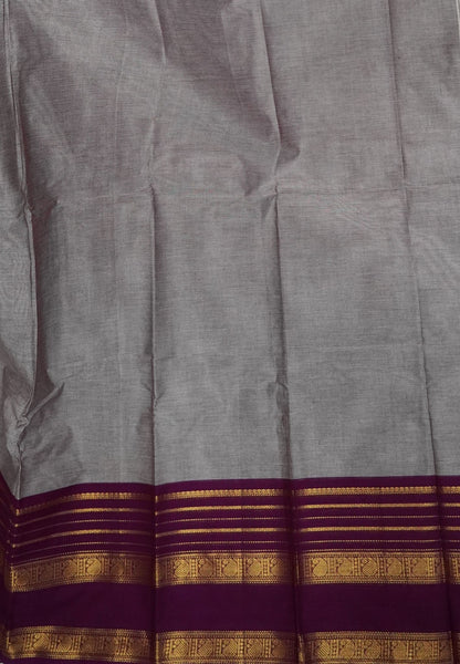 Kanchi Cotton Saree-Grey-Wine With Zari Border