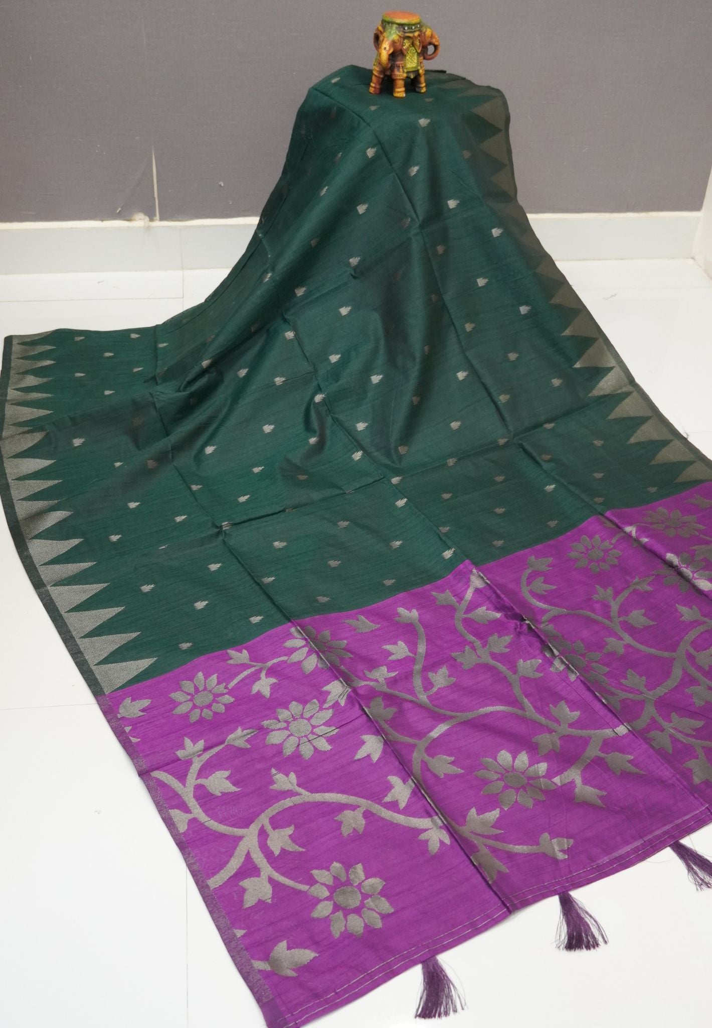 Semi Raw Silk Saree-Bottle Green in Antique Silver Zari Butta with Tower Border