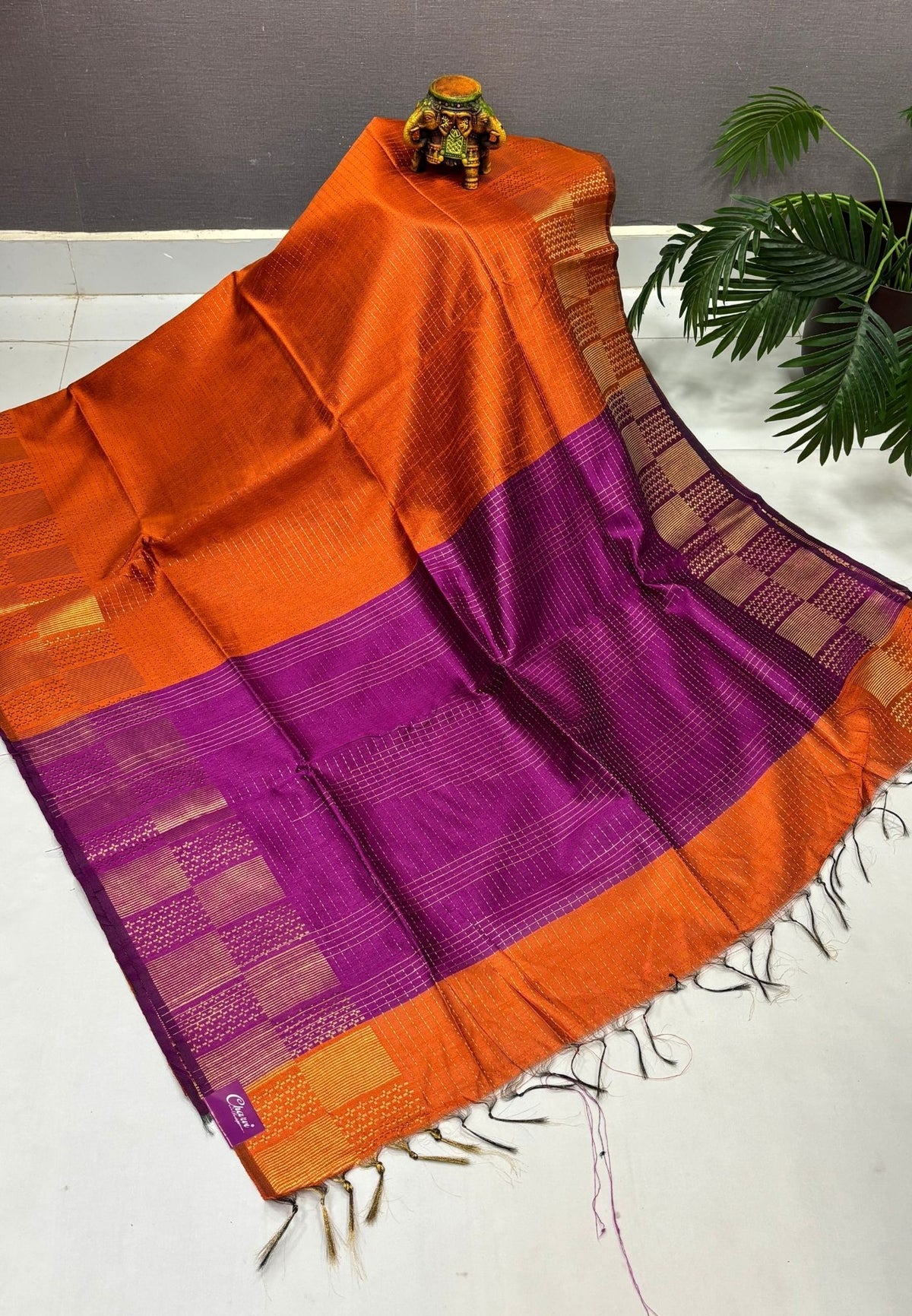 Semi Raw Silk Saree-Rust Orange In Checkered Zari With Contrast Border