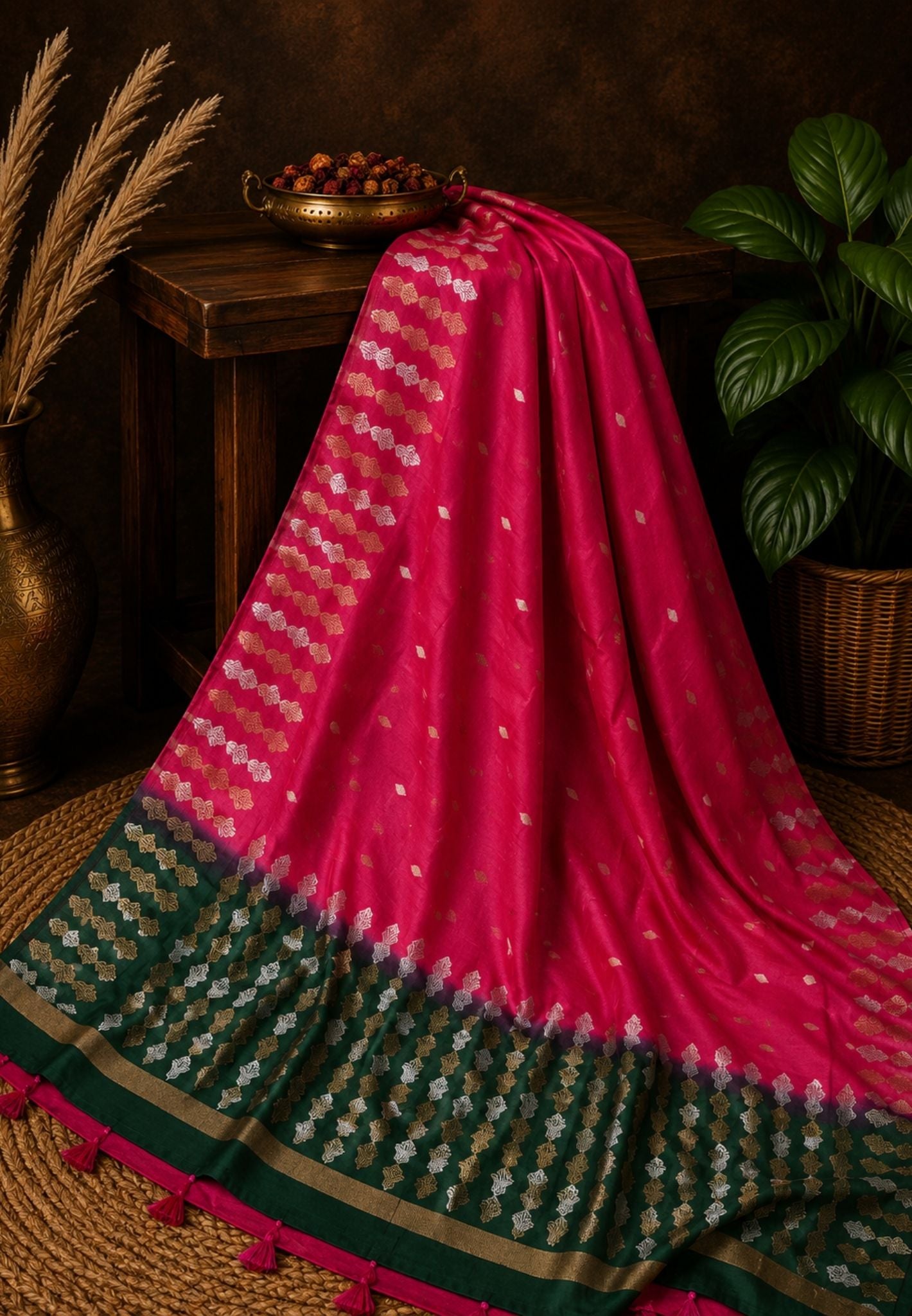 Semi  Tussar Saree - Rani Pink
