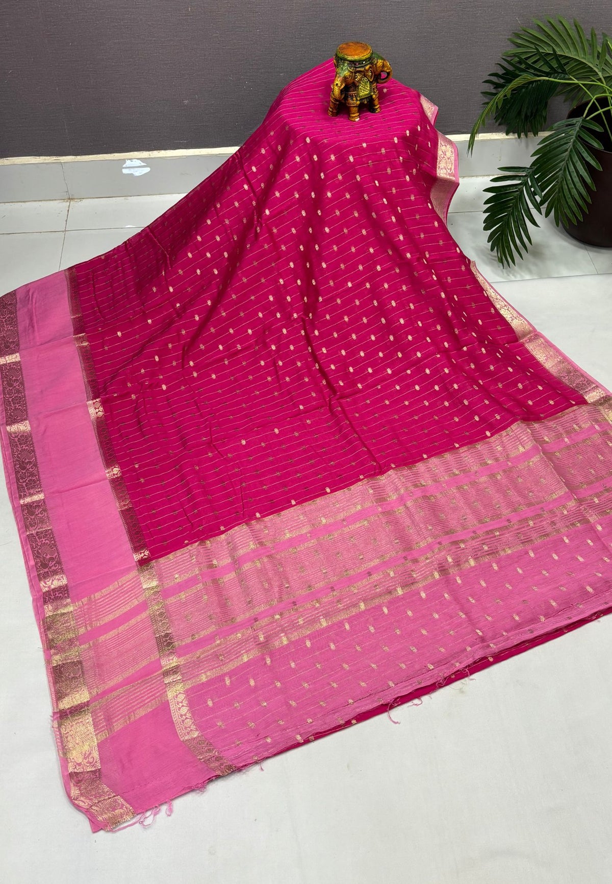 Banarasi Tussar Saree-Rani Pink in Retpet Zari Border
