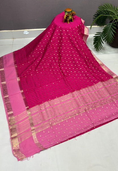 Banarasi Tussar Saree-Rani Pink in Retpet Zari Border