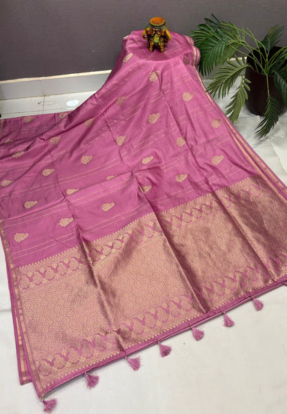 Gaji Silk Saree-Onion Pink in Paisley Jhumka Zari Border