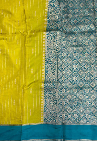 Gaji Silk Saree-Yellow in Intricate Geometric Floral Zari with Contrast Border