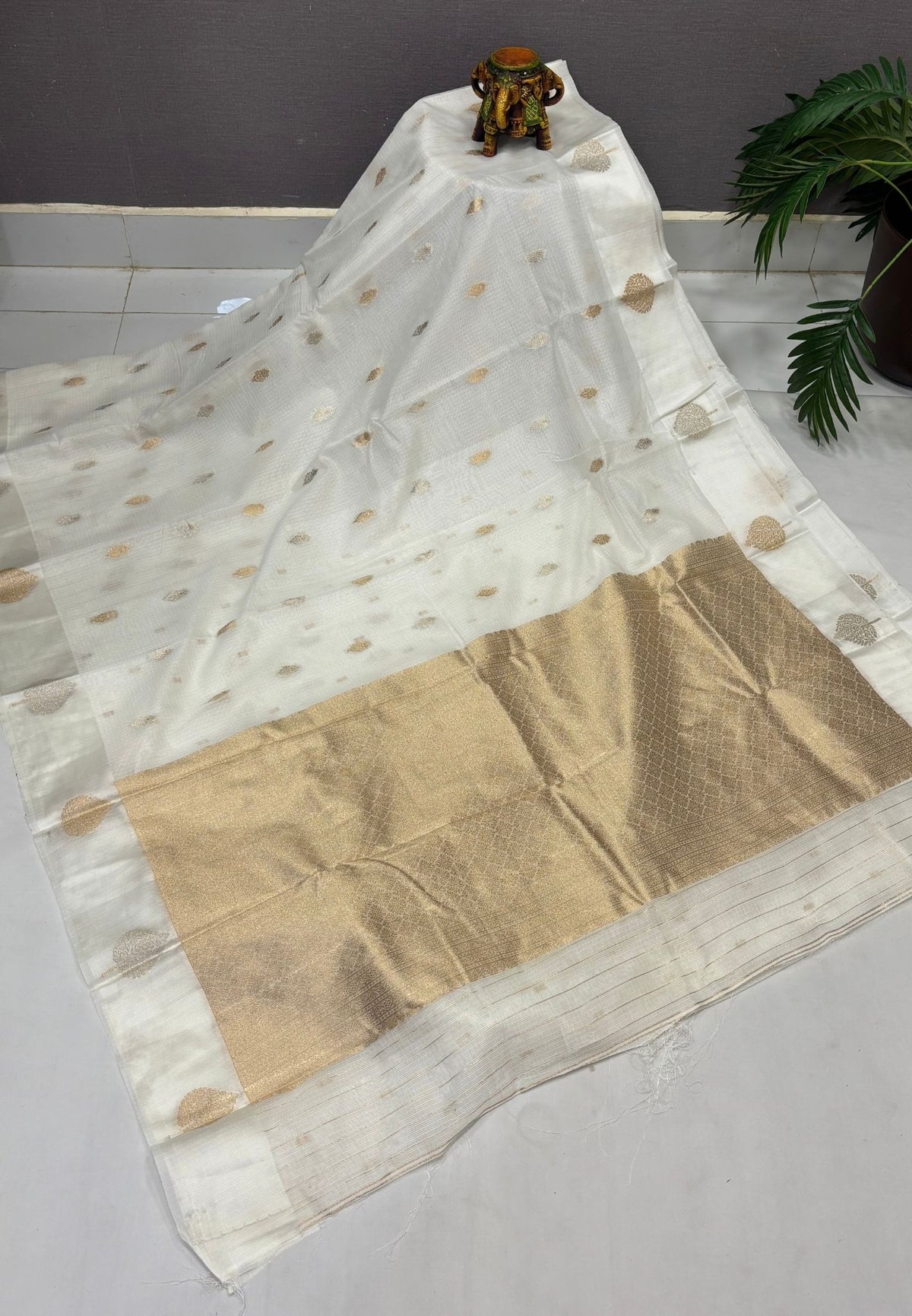Art Silk Kota Saree-Off White In Geometric Zari Brocade Border