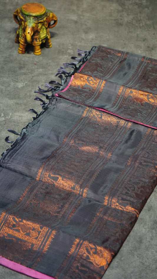 Vazhai Naaru Pattu Saree Vairaoosi Pink to Elephant Grey
