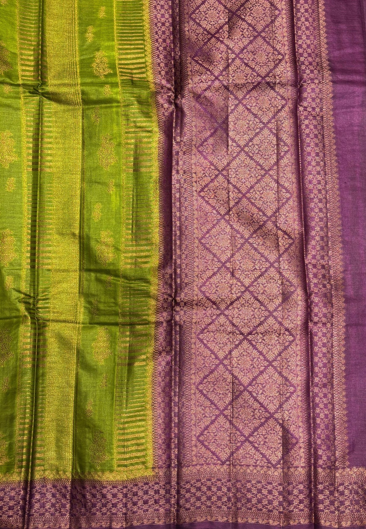 Pure Tussar Saree-Olive Green In Geometric Diamond Zari With Contrast Border