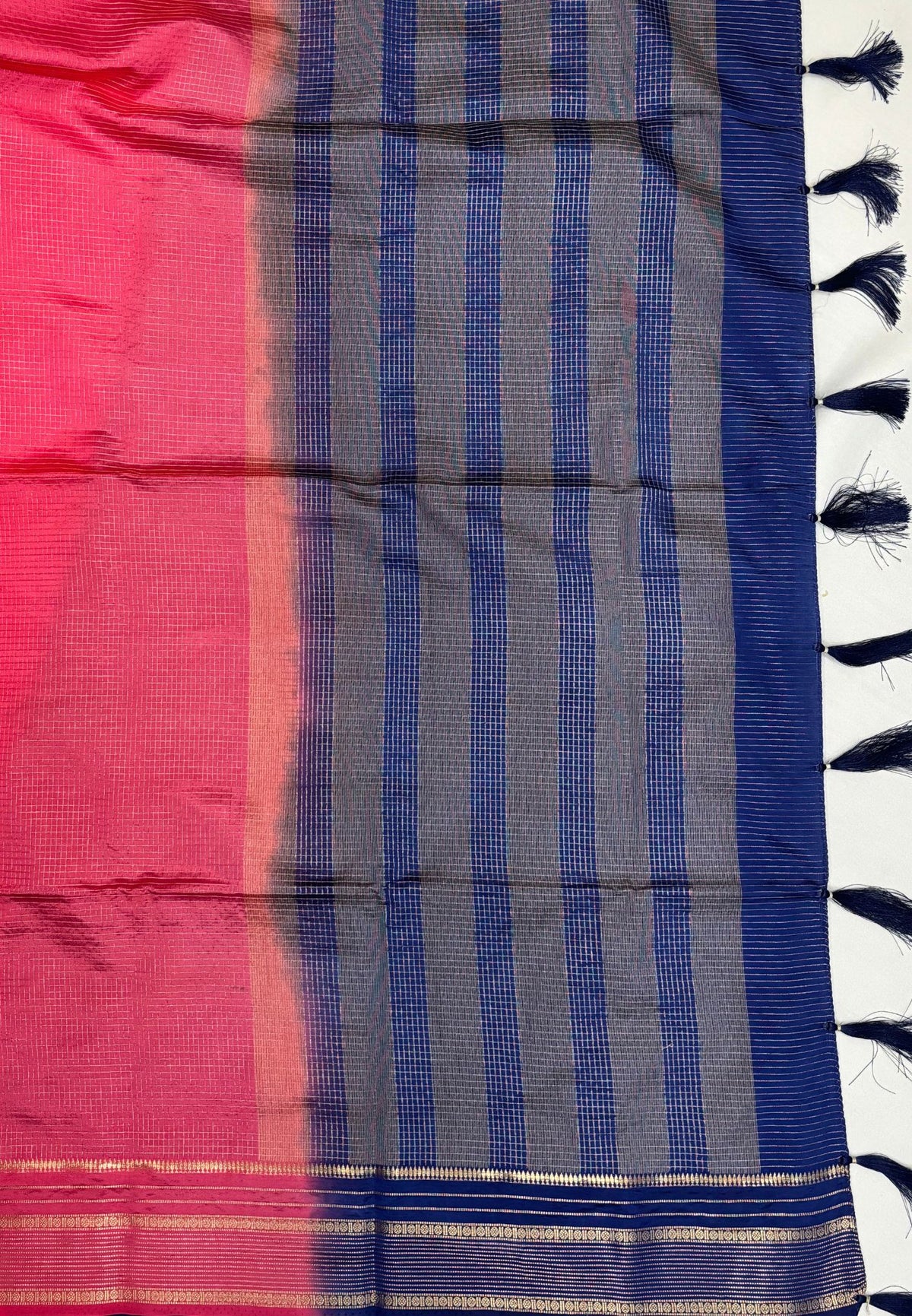 Mulberry Silk Saree-Redish Pink In Striped Zari With Contrast Border