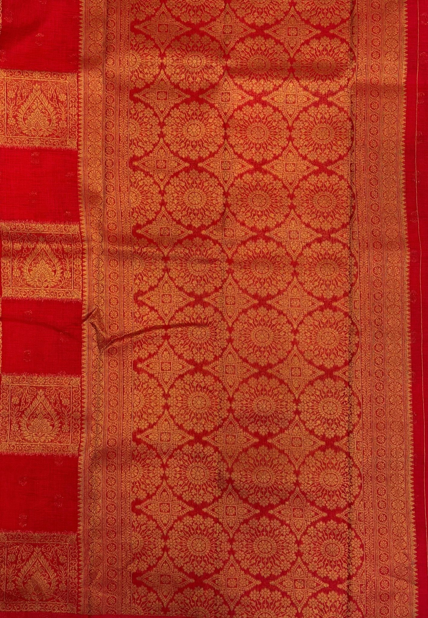 Soft Jute Tussar Saree-Red In Square Check Zari Border