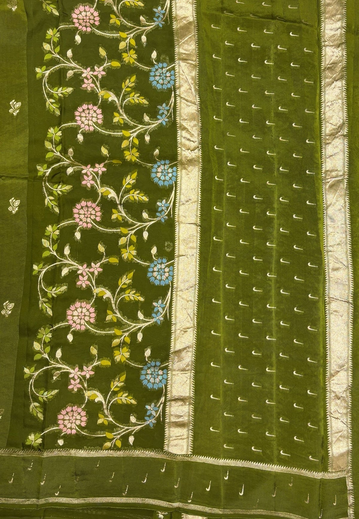 Satin Organza Saree-Olive Green In Paithani Floral Zari Border