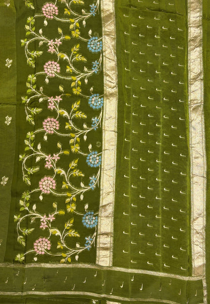 Satin Organza Saree-Olive Green In Paithani Floral Zari Border