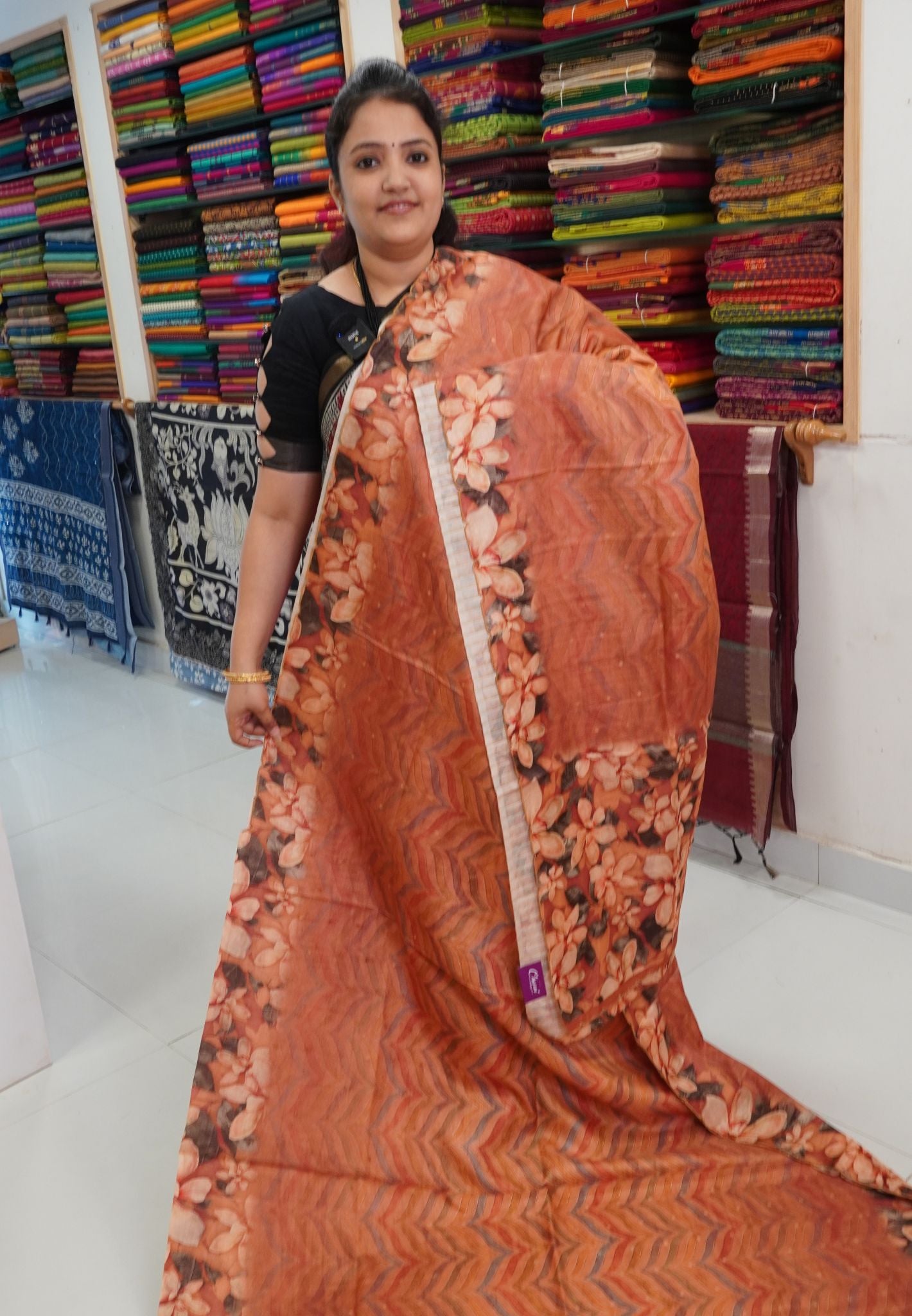 Semi Tussar Saree - Zigzag Floral Orange