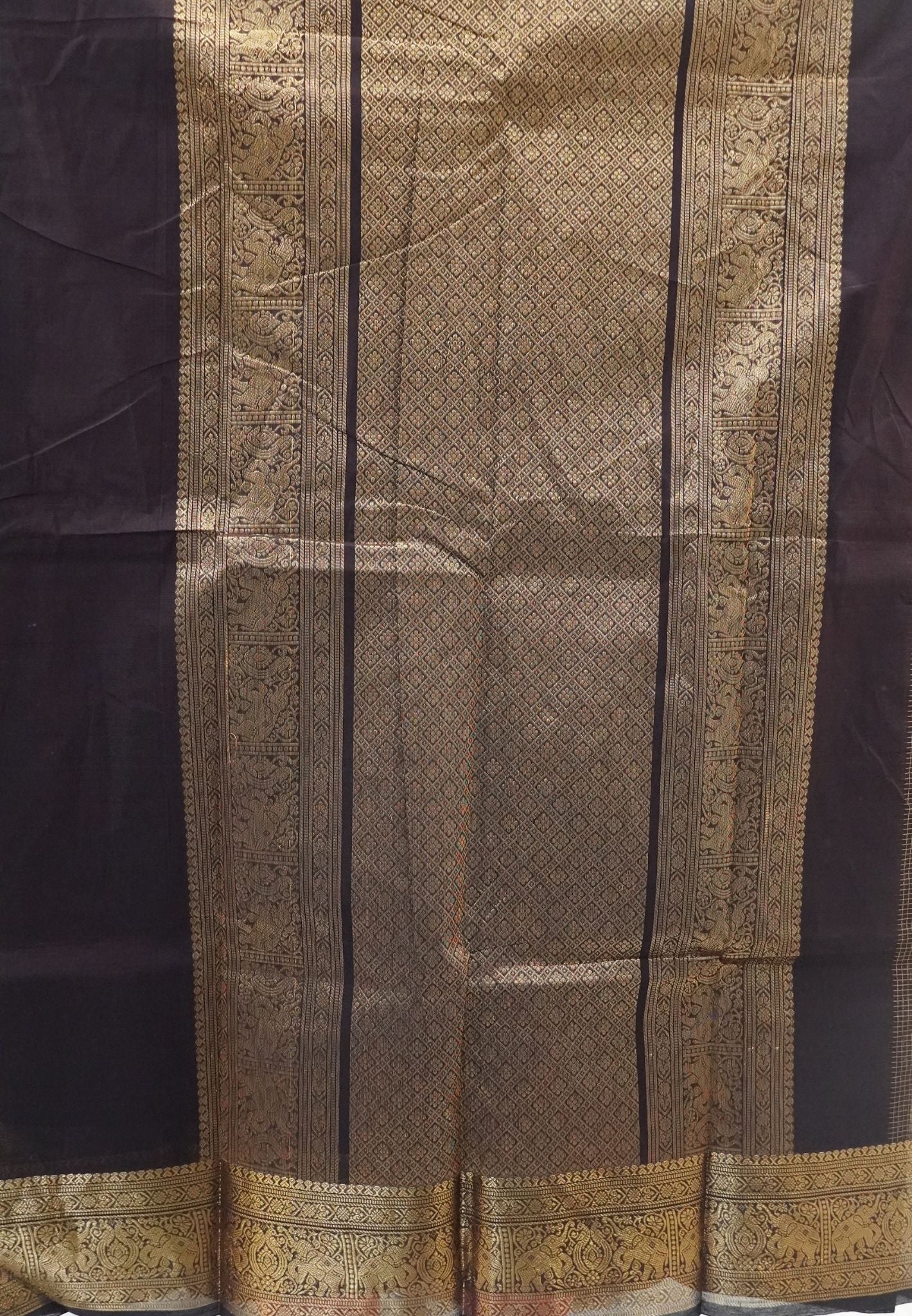 Chettinad Cotton Saree-Brown Mini Checked With Elephant & Floral Zari Border