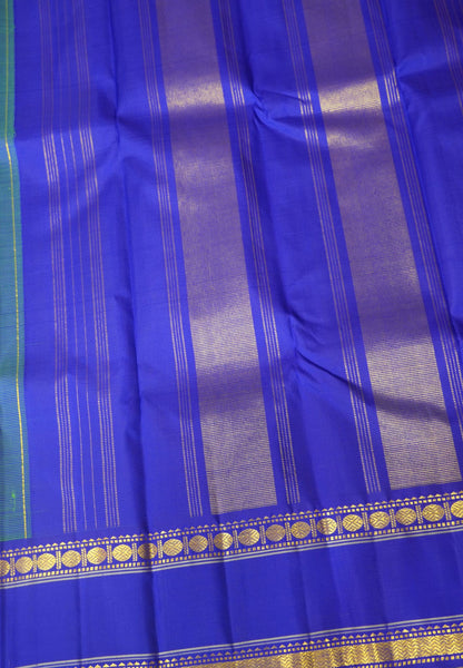 Pure Kanchipuram Silk Saree- Parrot Green with Ink Blue Retapett Border