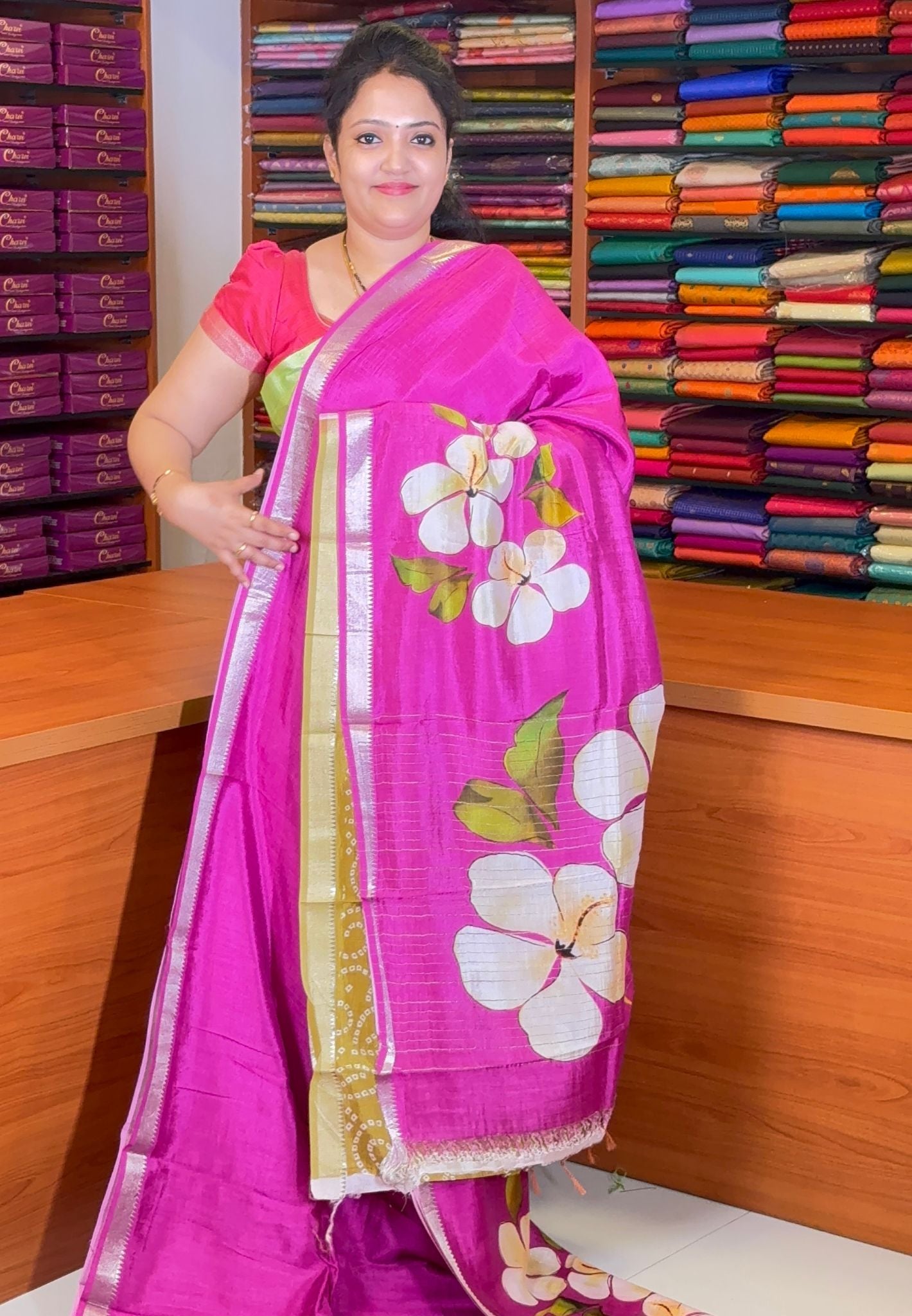 Pure Mangalgiri Silk Saree-Magenta in Floral Print with Small Border