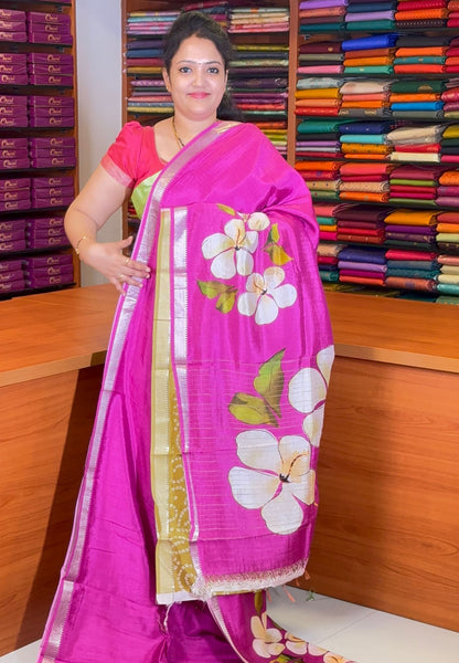 Pure Mangalgiri Silk Saree-Magenta in Floral Print with Small Border