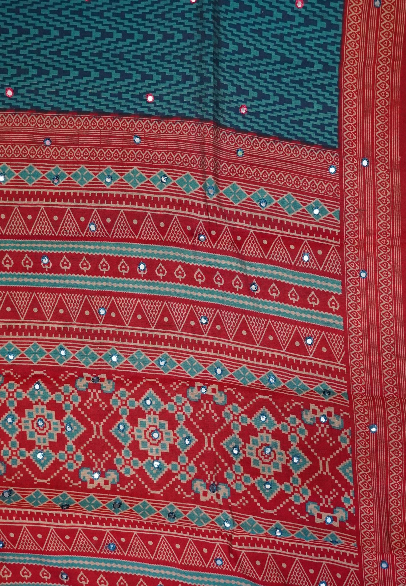 Malai Cotton Mirror Work Saree-Peacock Blue