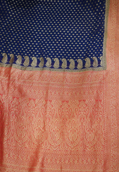 Banarasi Georgette Saree-Navy Blue with Contrast Border