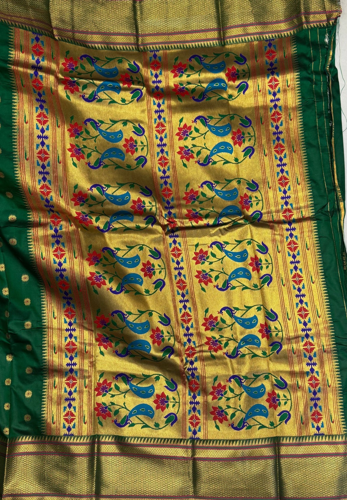 Traditional Peacock Floral Brocade Border - Green