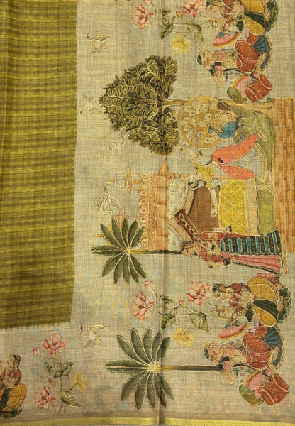 Tissue Linen Saree-Olive Green in Traditional Folk Art Printed Border