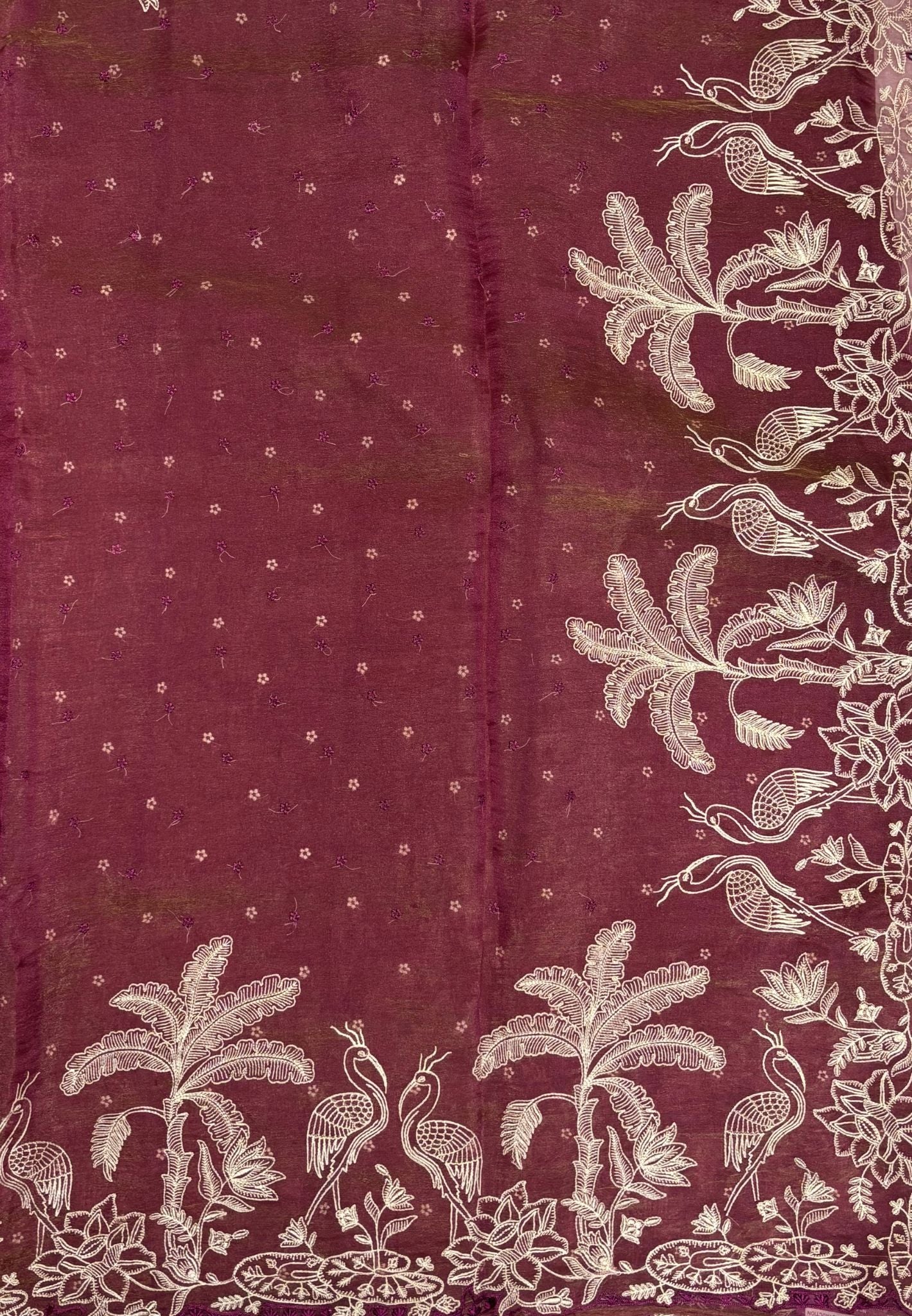 Tissue Organza Saree-Wine In Tropical Garden Border